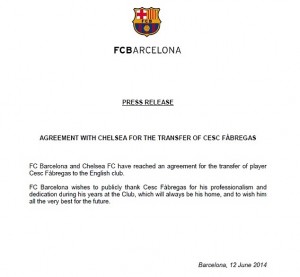 Make it official: Barcelona released an official statement thanking Fabregas for his time