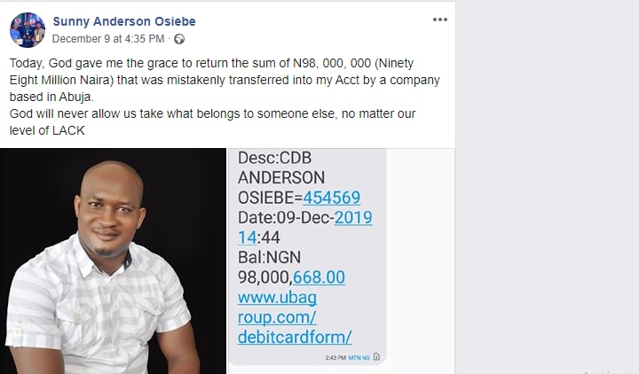 Nigerian man returns N98M that was mistakenly paid into his account