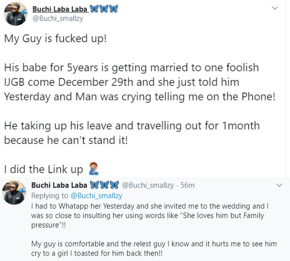 Twitter stories: Nigerian man breaks down in tears after his girlfriend of 5 years told him she is getting married to an abroad returnee this December