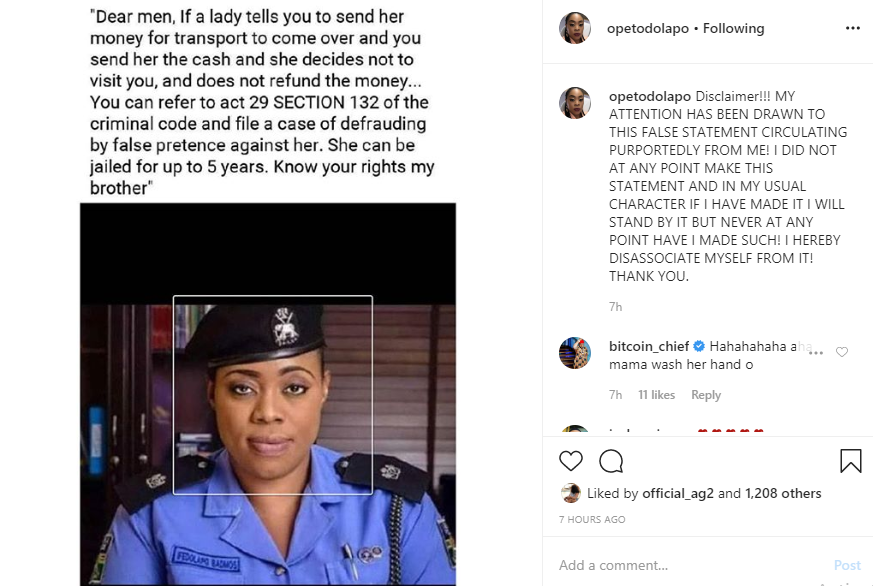 Dolapo Badmus denies saying men can sue women who refuse to come to their house after sending transport fare