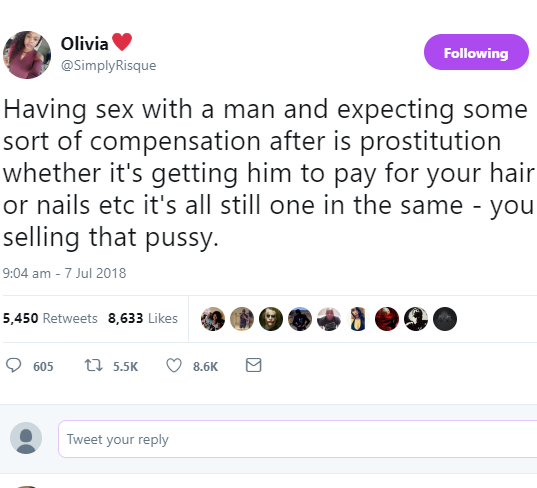 Twitter users dig up old tweet where lady revealed she faked orgasm to get cab money after she chastised women who sleep with men for money