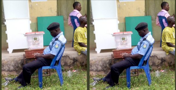 Ekiti 2018 Election: Policeman Sleeping While Watching Over Ballot Box