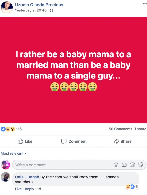 Uzoma Precious post on Facebook about being a baby-mama