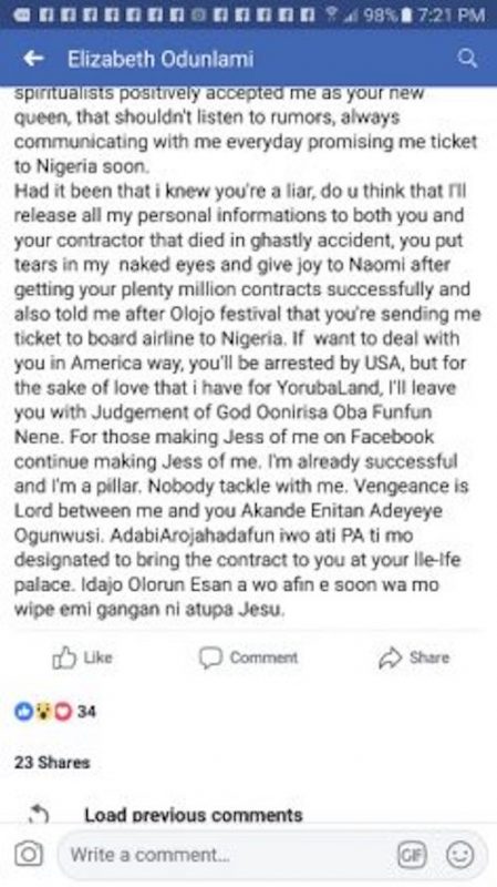 Elizabeth's post on Facebook about Ooni of Ife 
