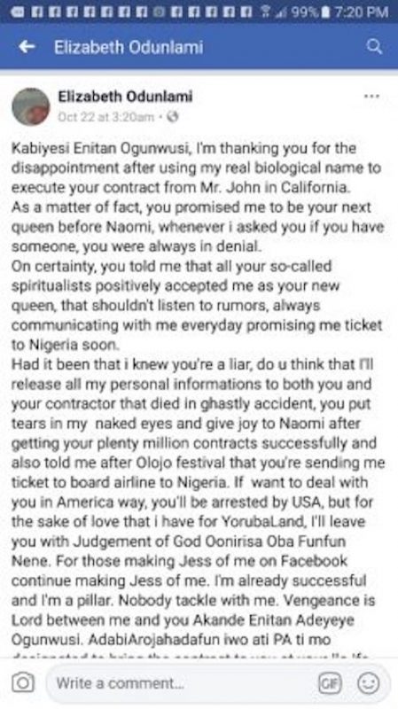 Elizabeth Odunlami post on Facebook about Ooni of Ife 
