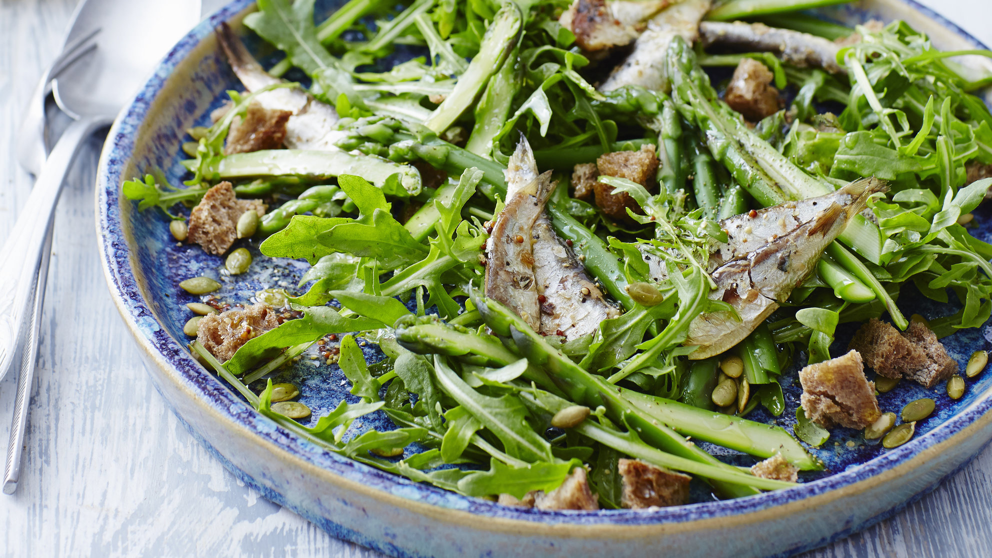 Sardine, asparagus and crouton salad