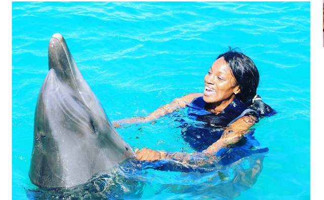 Seyi Shay swimming with Dolphins