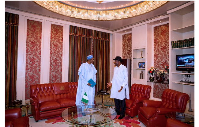 Goodluck Jonathan and President Buhari at the state house