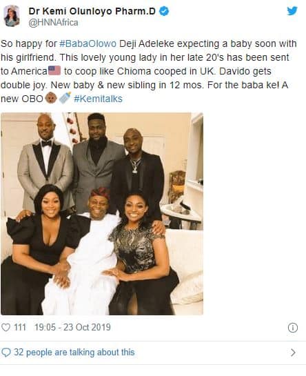 ‘Davido’s father is expecting child with young girlfriend’ – Kemi Olunloyo