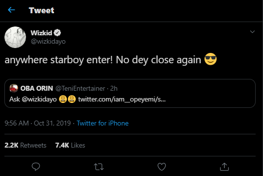 See the Hilarious reply Wizkid gave when a fan asked if Teni is a virgin (Photo)