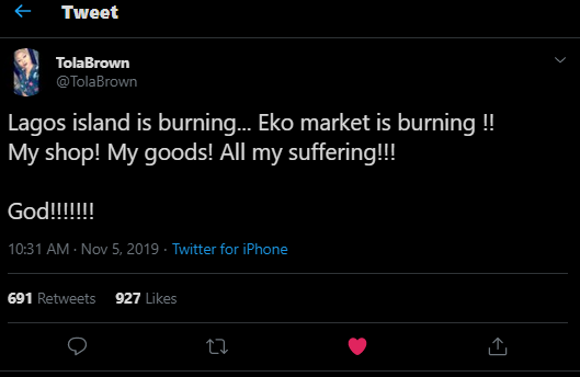 All my suffering and sweat for years got burnt - Lady laments after fire razes her shop in Balogun Market