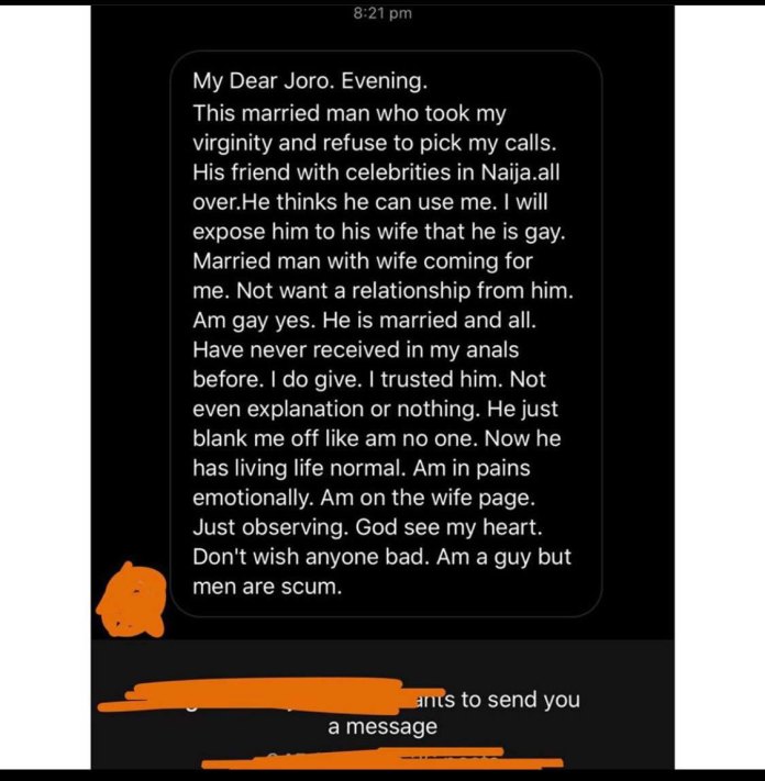 A married Nigerian celebrity who is secretly gay took my virginity and dumped me - Nigerian man cries out