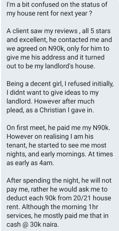 'My landlord deducts N90k from my rent anytime he sleeps with me' - Lekki slay queen