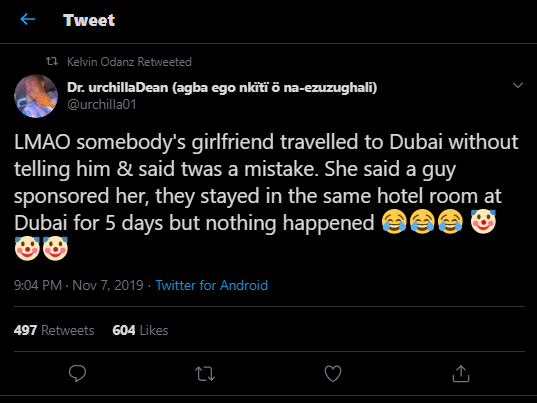My girlfriend traveled to Dubai with another guy and called it a mistake - Nigerian man