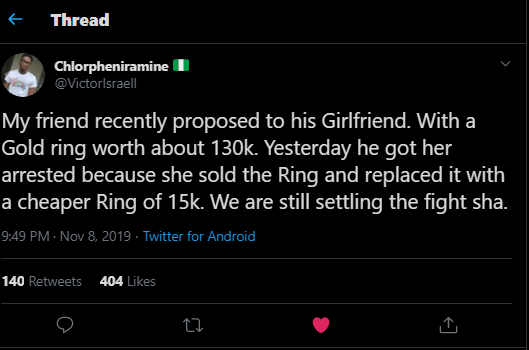 My fiancée sold the N150,000 engagement I gave her to replace with the one of N15k - Nigerian man