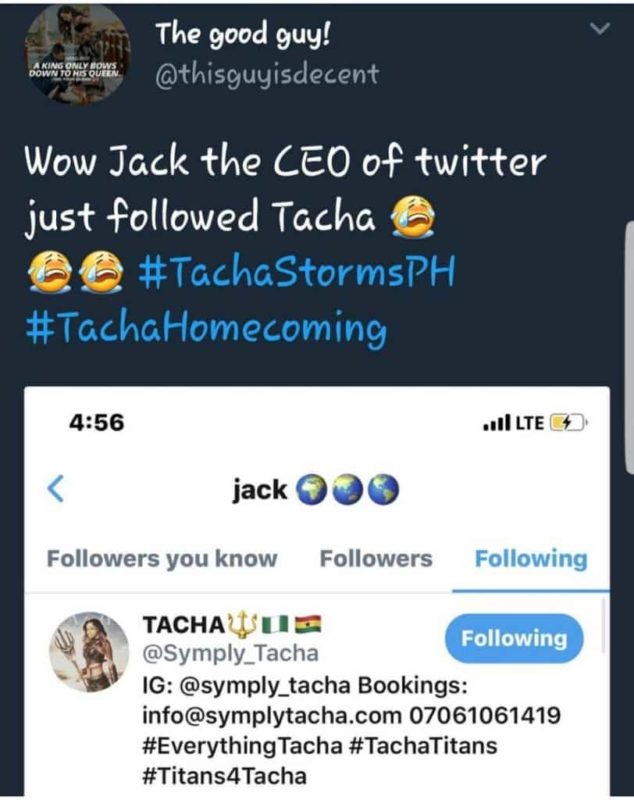 Twitter CEO, Jack Dorsey, follows Tacha on Twitter (photo)