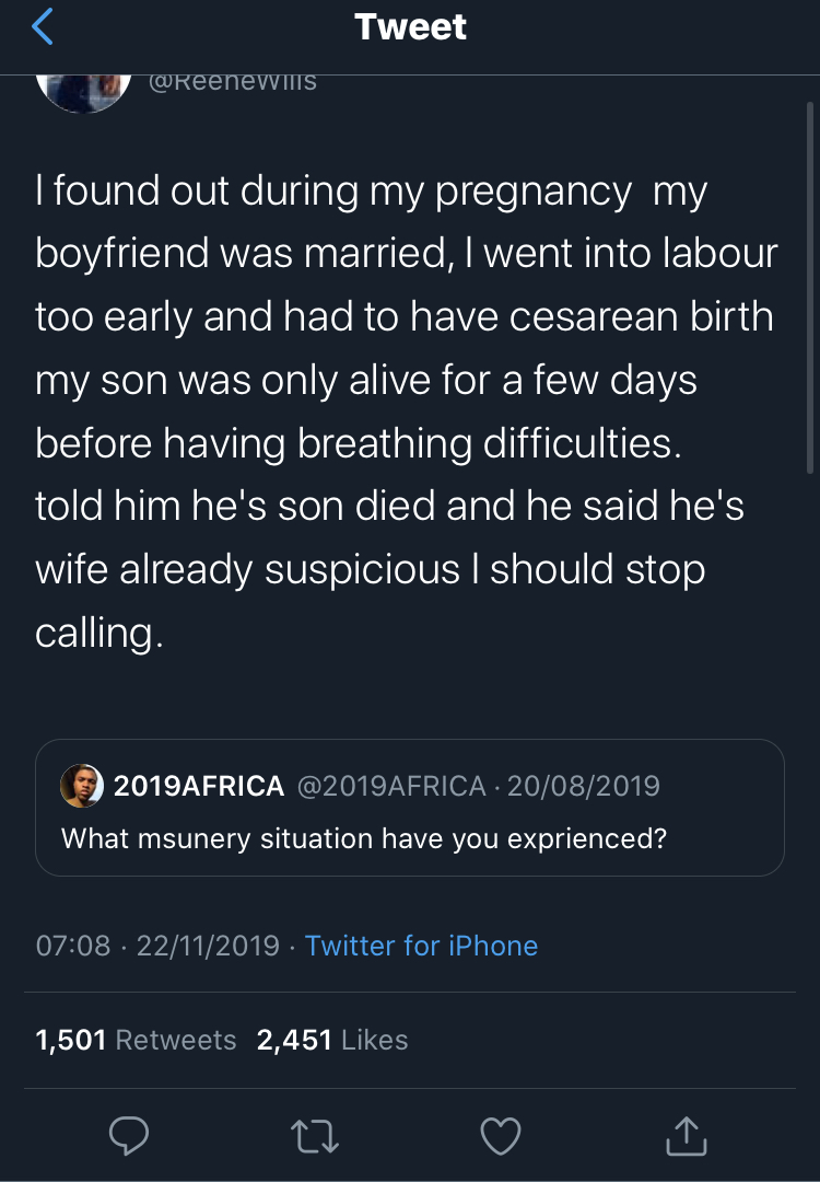 I found out during pregnancy my boyfriend is married, went into premature Labour and lost the baby - Lady laments