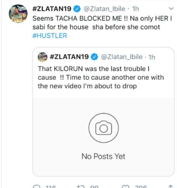 Controversial Nigerian singer, Zlatan Ibile, has raised the alarm that former BBNaija housemate, Tacha, may have blocked him on Instagram. Speaking via his official Twitter, the controversial singer further stated that Tacha is the only housemate he knows from the last edition of the reality TV show. He wrote: That KILORUN was the last trouble I cause !! Time to cause another one with the new video I’m about to drop. Seems Tacha Blocked me. Na only her i sabi for the house sha, before she comot.