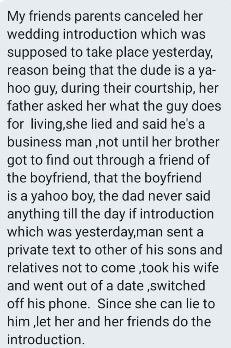 Nigerian parents refuse to attend the introduction ceremony of their daughter after finding out her fiancé is a Yahoo Boy