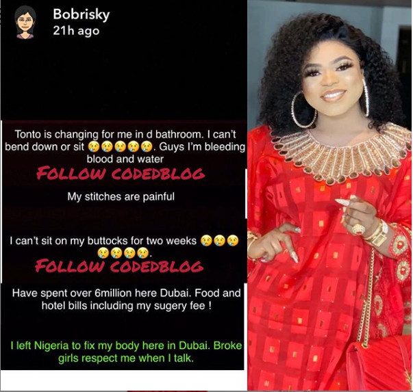 I am still bleeding, Tonto helps me cleanup in the bathroom - Bobrisky laments post surgery in Dubai (Photos)