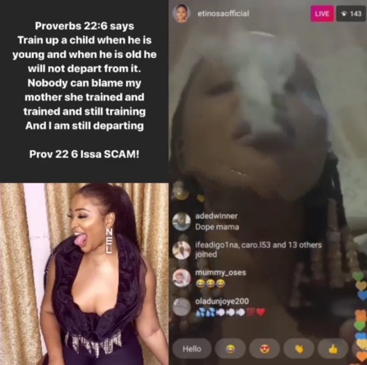 Nobody can blame my mother - actress Etinosa Idemudia says as she smokes weed with Bible in Live video