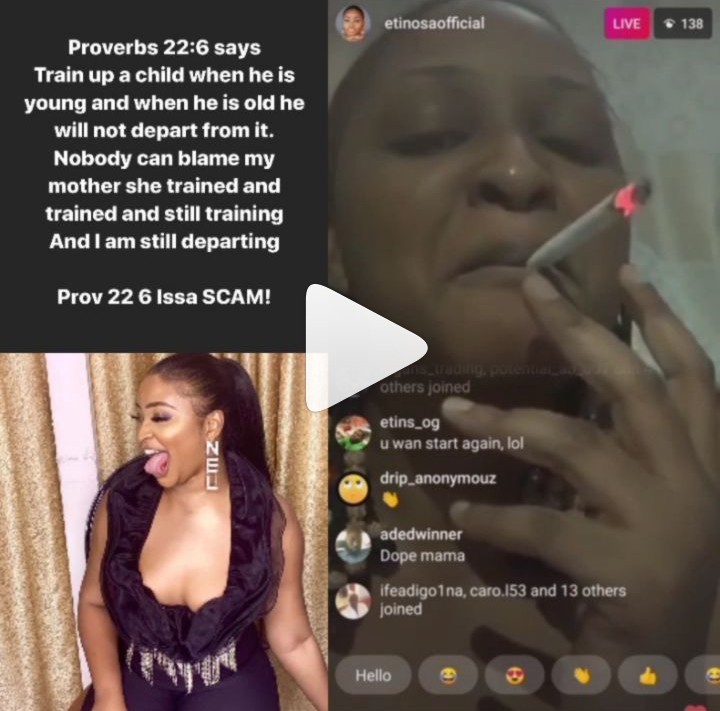 Nobody can blame my mother - actress Etinosa Idemudia says as she smokes weed with Bible in Live video