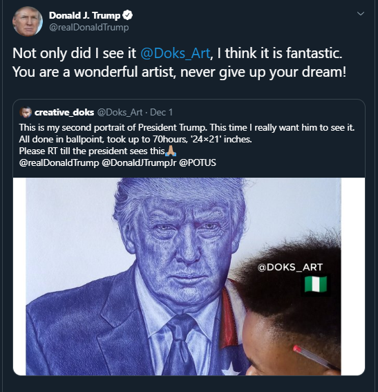 Trump replies Nigerian boy who drew a portrait of him on Twitter