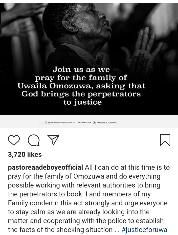 Uwa Omozuwa: Pastor Adeboye reacts to the rape and murder of UNIBEN student in one of the branches of his church 1
