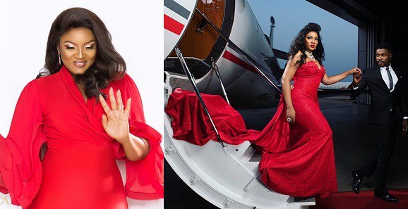 Omotola stuns in red as she emerges from private jet for her 40th ...