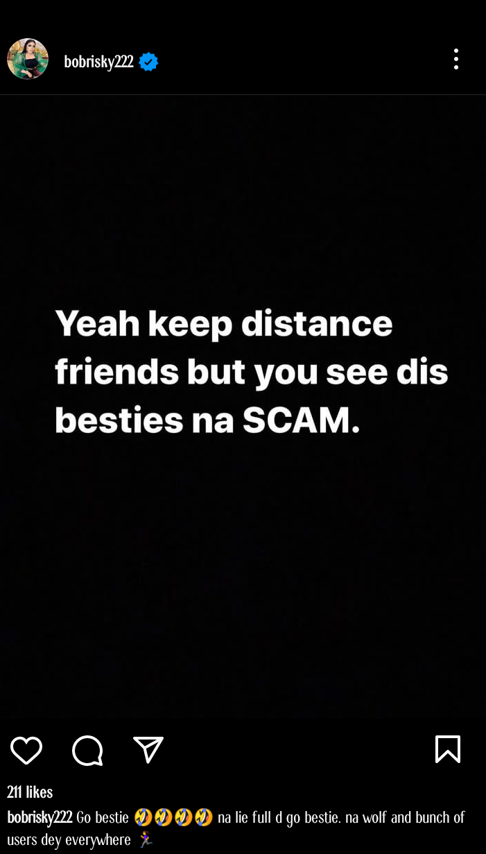 “Besties na scam” – Bobrisky reacts to news of Medlin Boss allegedly sleeping with bestie’s husband