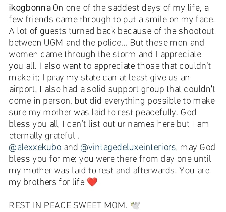 IK Ogbonna pen appreciation post following mother's burial