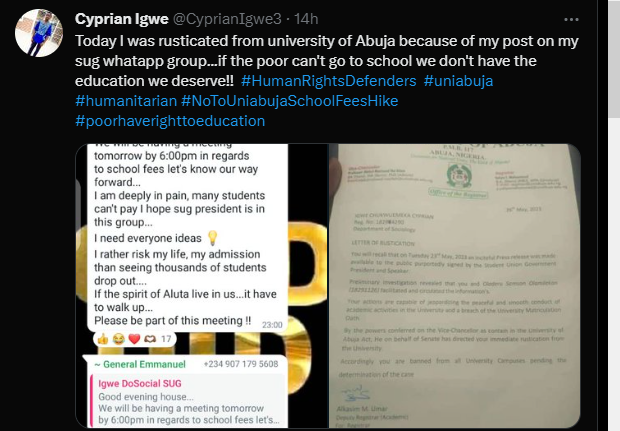 UniAbuja student fights over school fees hike, gets rusticated