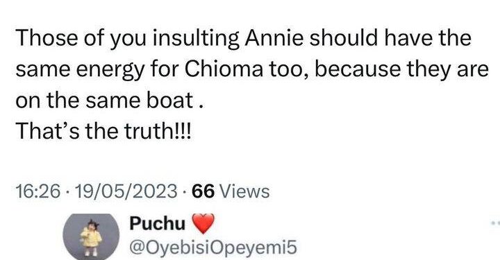 “Those Of You Insulting Annie Should Also Have The Same Energy For Davido’s Wife, Chioma” - Twitter User Says, Reveal Why