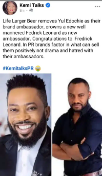 “Freddie Leonard has replaced Yul Edochie as ambassador for Life Larger Beer” – Kemi Olunloyo reveals (SEE WHY)