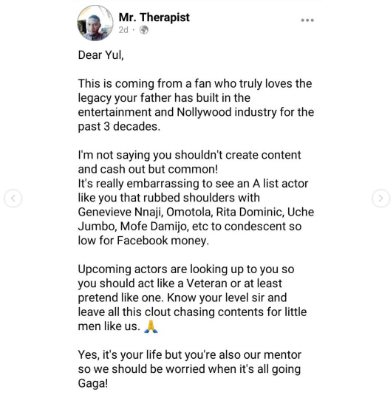 It's Really Embarrassing To See An A List Actor Condescend So Low For Facebook Money – Fan Of Actor Yul Edochie Writes An Open Letter To Him 