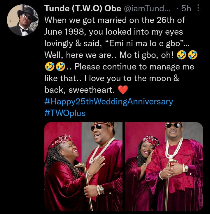 "I Love You To The Moon And Back"- Singer, Tunde Obe Pen Heartwarming Note to Wife, Wunmi On Their 25th Wedding Anniversary (Photos)