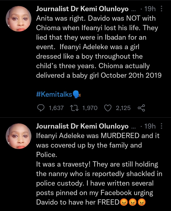 Ifeanyi Was Murdered. He Was A Baby Girl But Davido and Chioma Dressed Him Like A Boy — Kemi Olunloyo Makes Shocking Allegation