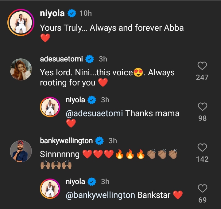 "Always rooting for you" Banky W and Adesua Etomi debunk cheating scandal as they hail Niyola over beautiful rendition of her song  (Video)