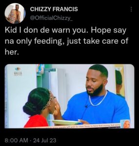 "Hope Say Na Only Feeding" - BBNaija Chizzy Warns Kidwaya After He Fed Doyin With Noodles Last Night