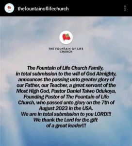 Pastor Taiwo Odukoya of Fountain of Life Church, dies in the USA