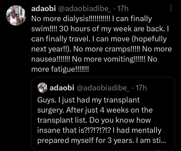 "I can finally stop thinking about dying" - Nigerian lady celebrates life anew after successful kidney transplant