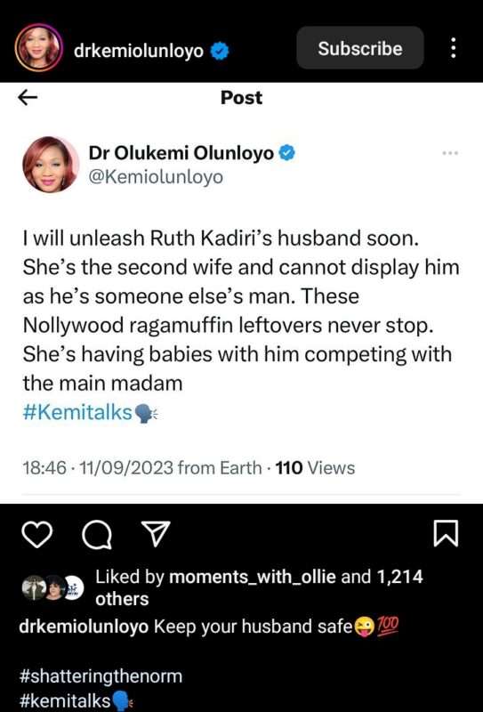 “She’s the second wife hence can’t display him” Kemi Olunloyo set to unleash Ruth Kadiri Ezerika’s husband as she exposes actress