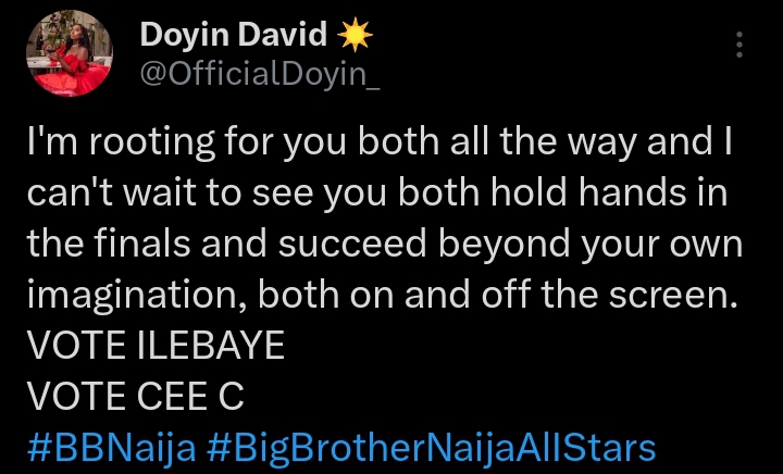 "I can't wait to see you both hold hands in
the finals" - BBNaija's Doyin drums support for Ilebaye and Ceec