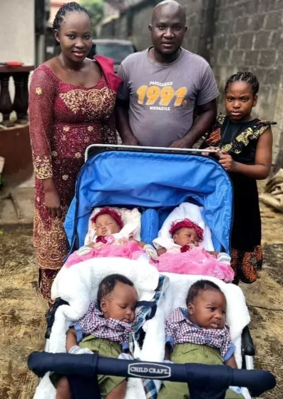 "Miracle no dey tire Jesus" Nigerian woman celebrates as she welcomes quadruplets after 9 years of waiting