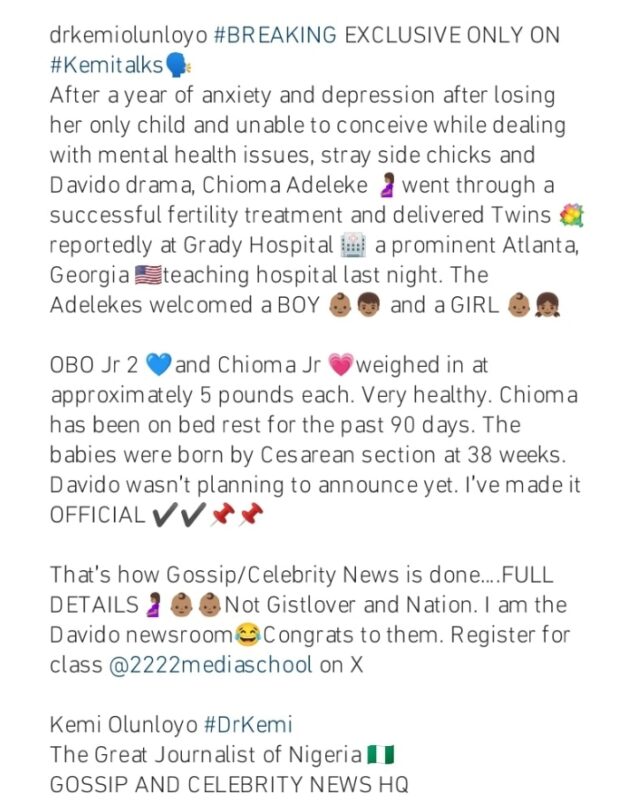 “The babies were born by Cesarean section ” Kemi Olunloyo comes under fire as she reveals details of Davido and Chioma’s twins’ birth