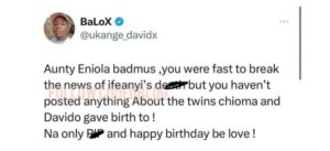 “She was quick to post Ifeanyi’s death” Eniola Badmus Called Out for Not Congratulating Davido on the reported Birth of His Twins