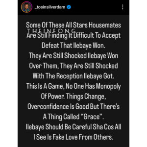 "Be careful because all I see is fake love from others." Blogger, Tosin Silverdam tell Ilebaye as he makes shocking revealation about fellow housemates