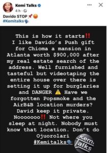 “Davido bought Chioma a mansion in Atlanta worth $900000 as push gift” Kemi Olunloyo alleges, gives singer important advice