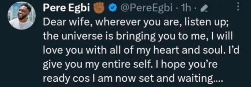 "I hope you’re ready cos I am now set and waiting” BBNaija's Pere Egbi causes stir as he writes open later to future wife while dating Mercy Eke