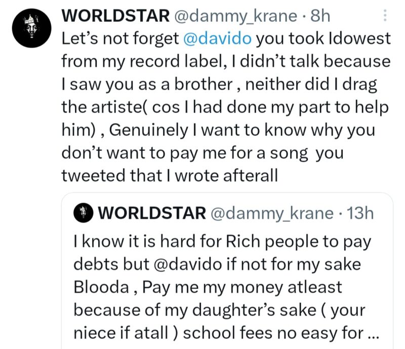 "Pay me my money because of my daughter’s sake" Dammy Krane call out Davido.